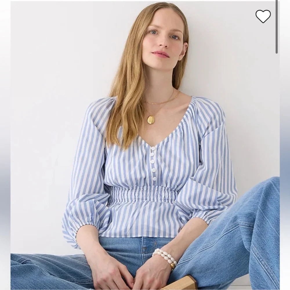 J Crew | V-neck smocked-waist top in stripe cotton lawn NWOT
